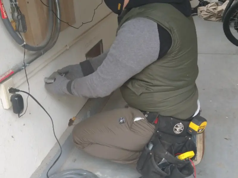 Electrician performing outlet wiring in a Leesburg garage